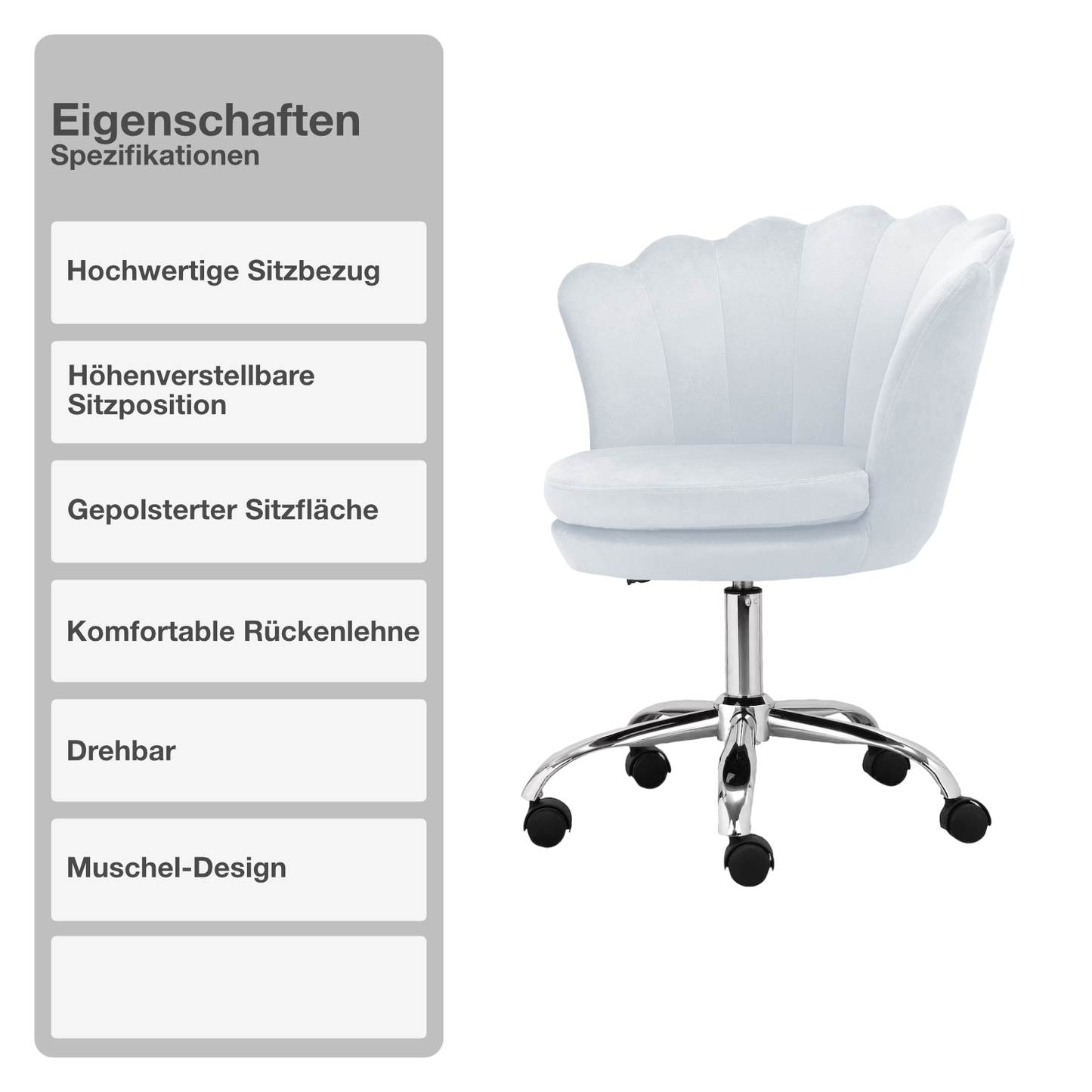 Bürostuhl | Samtbezug | Hellblau | 55x60cm | Rollen | Armlehnstuhl | Muschel