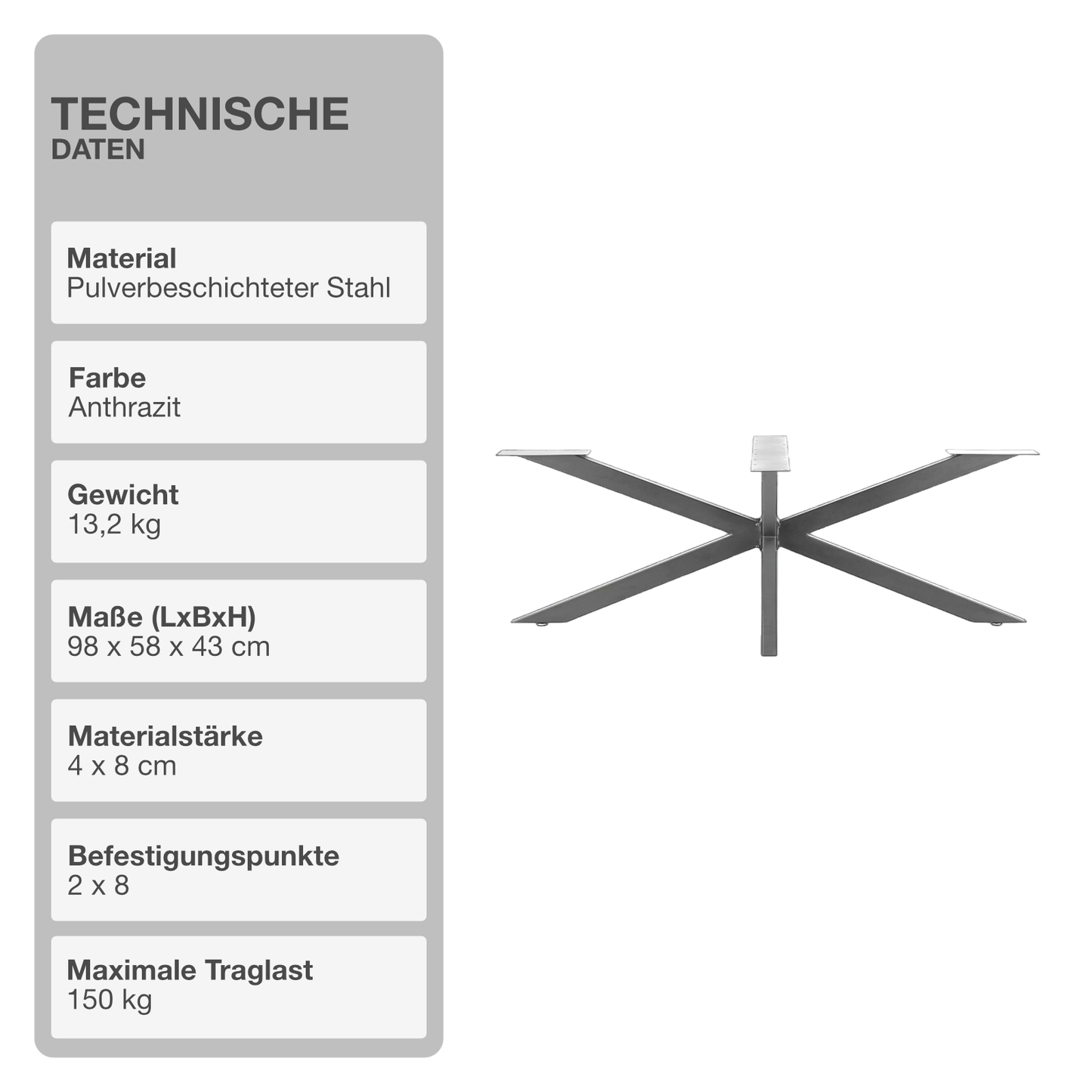 Tischgestell | Anthrazit | 98x58x43cm | Spider | Kreuzgestell | Tischkufen