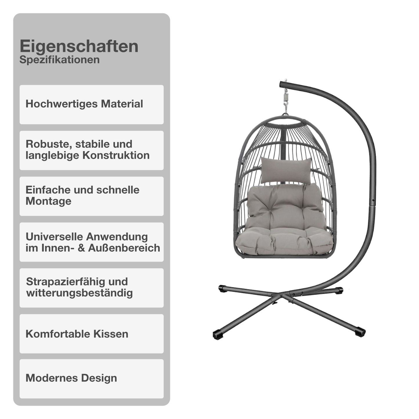 Hängeschaukel | Rattan-Optik | Hellgrau | Hängekorb | Hängesessel | Kissen