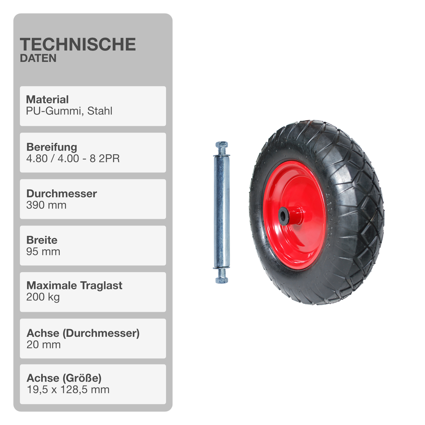 Schubkarrenrad mit Achse | Luftbereift 2PR | Rot | 4.80/4.00-8 | Ersatzreifen