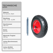 Schubkarrenrad mit Achse | Luftbereift 2PR | Rot | 4.80/4.00-8 | Ersatzreifen