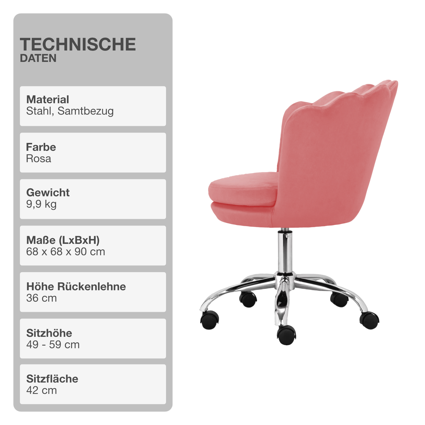 Bürostuhl | Samtbezug | Rosa | 68x68cm | Rollen | Armlehnstuhl | Muschel