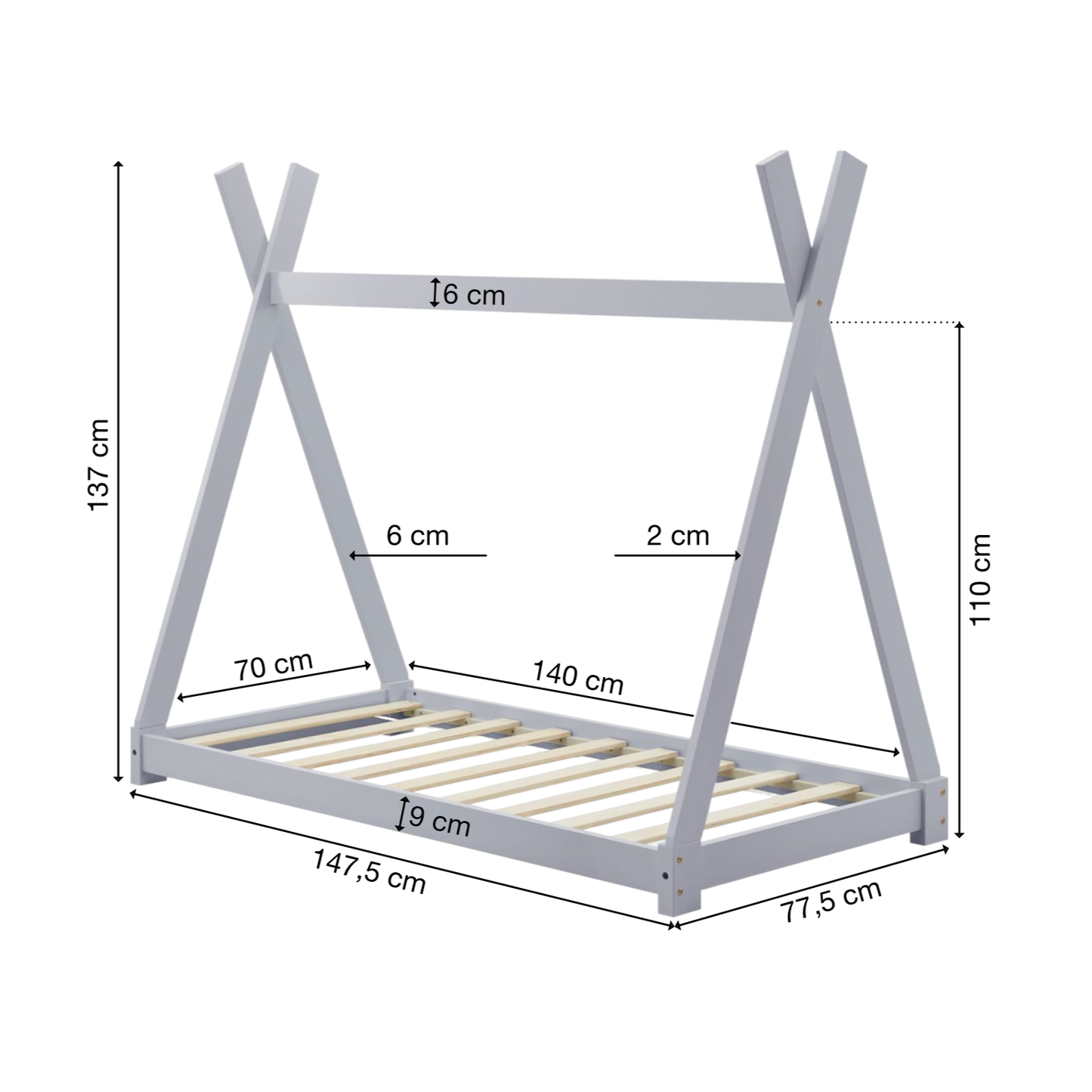 Kinderbett | Holz | Hellgrau | 70x140cm | Tipi | Holzbett | mit Lattenrost