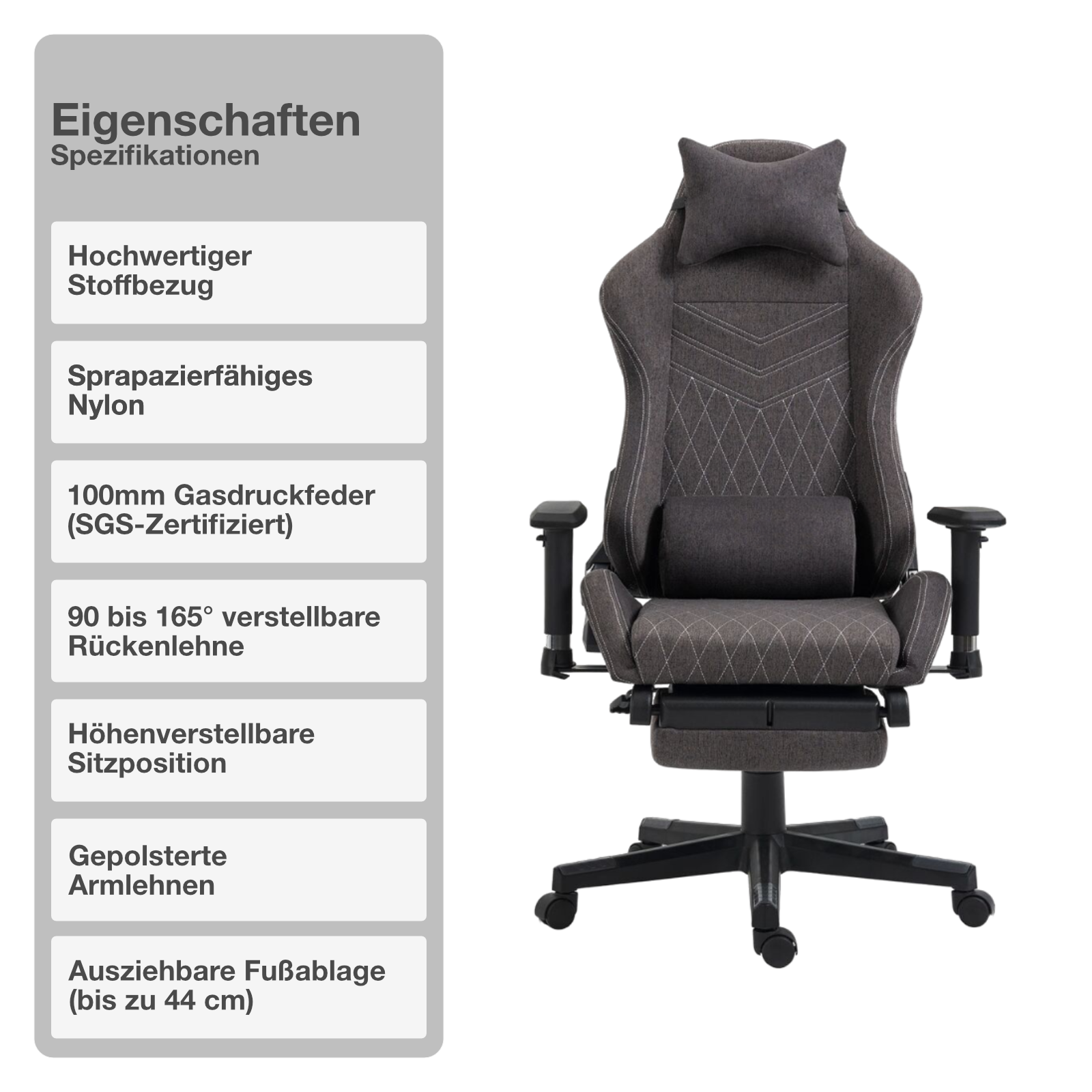 Gaming-Stuhl | Stoff | Grau-Weiß | 72x72cm | Rollen | Sessel | Fußablage