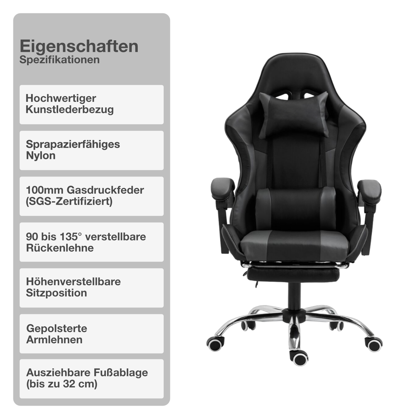 Gaming-Stuhl | Kunstleder | Grau | 62x62cm | Rollen | Sessel | Fußablage