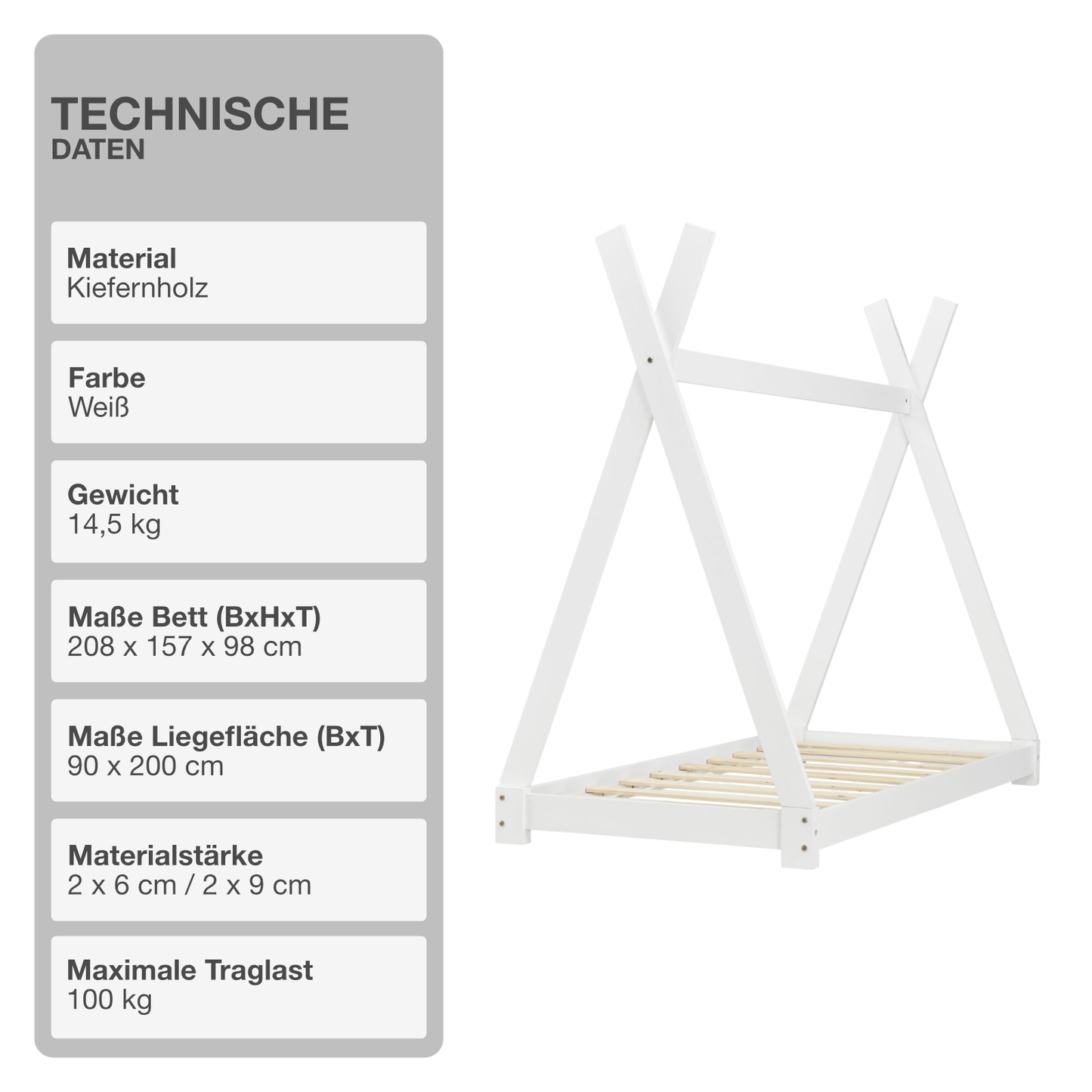 Kinderbett | Holz | Weiß | 90x200cm | Tipi | Holzbett | mit Lattenrost