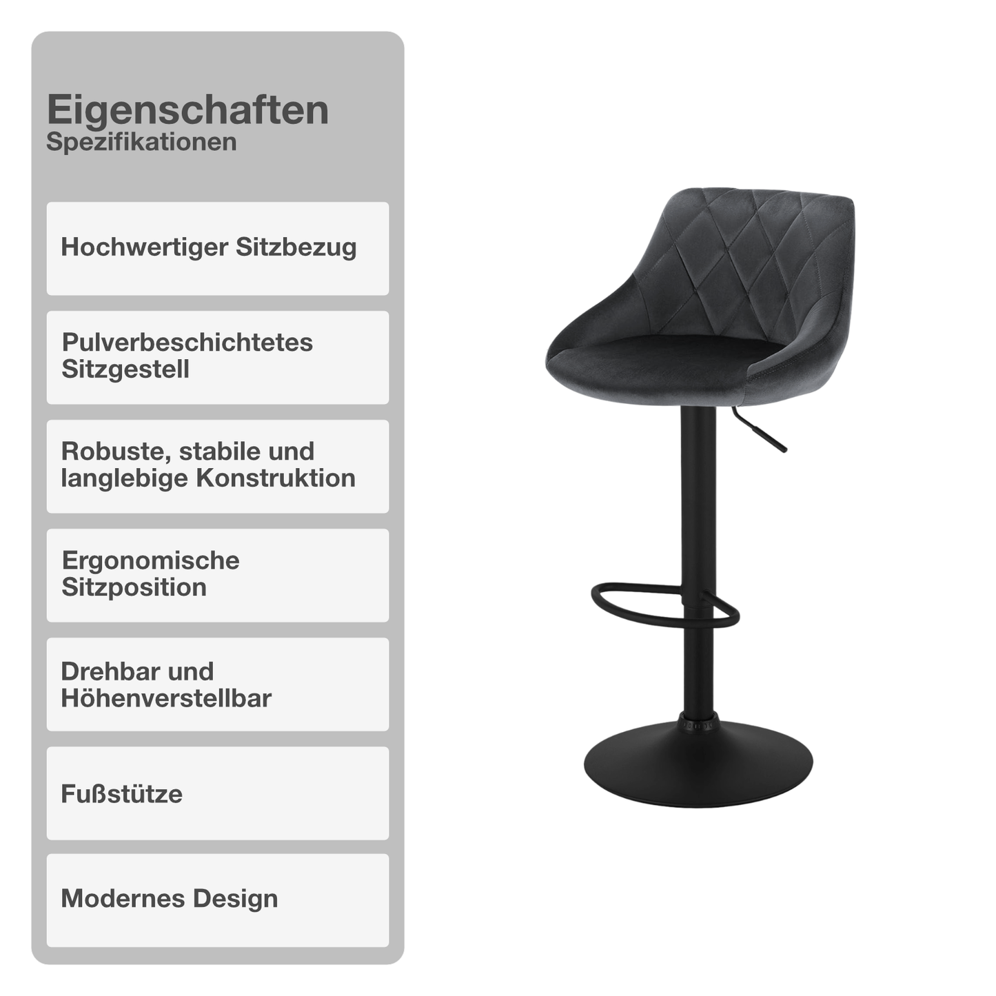 Barhocker | 2 Stück | Samtbezug | Dunkelgrau | Drehbar | Höhenverstellbar