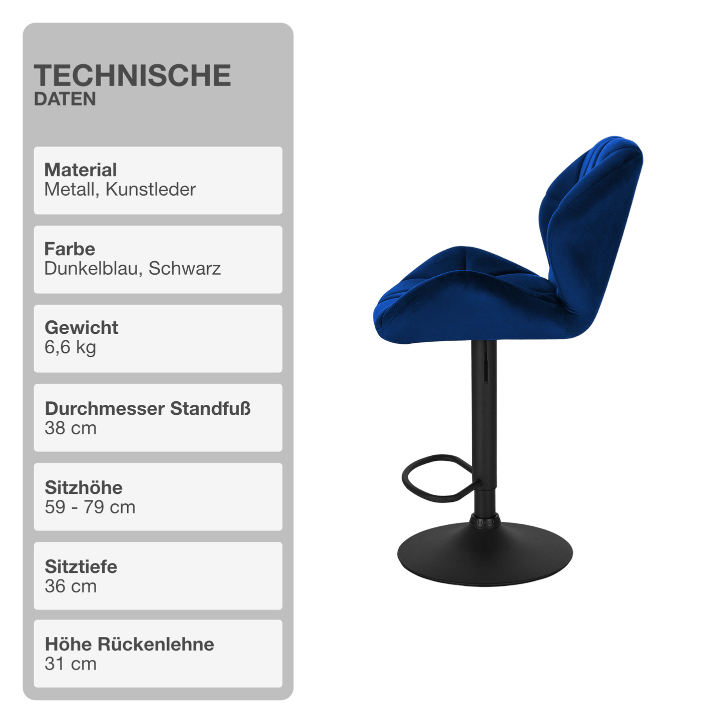 Barhocker | 2 Stück | Dunkelblau | Samtbezug | Drehbar | Höhenverstellbar