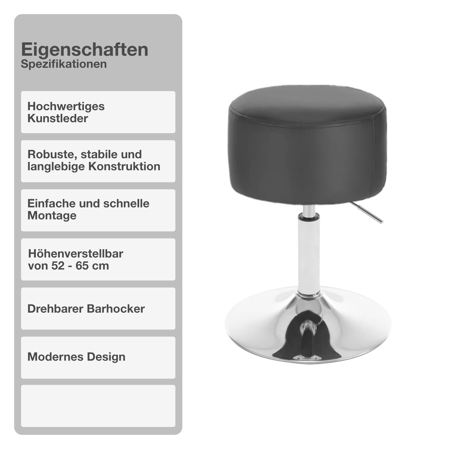 Barhocker | Kunstleder | Dunkelgrau | ø 33cm | Drehbar | Höhenverstellbar