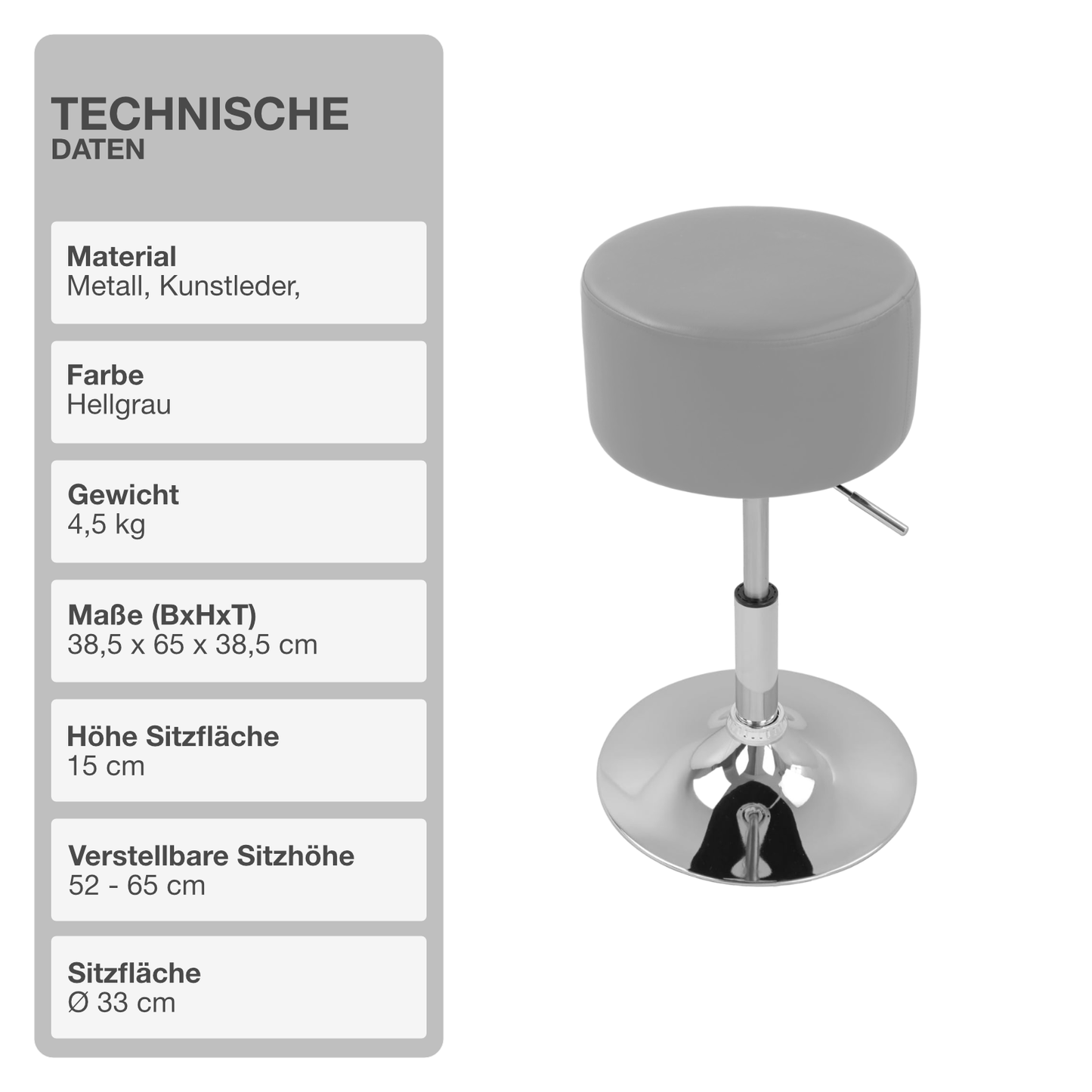 Barhocker | Kunstleder | Hellgrau | ø 33cm | Drehbar | Höhenverstellbar