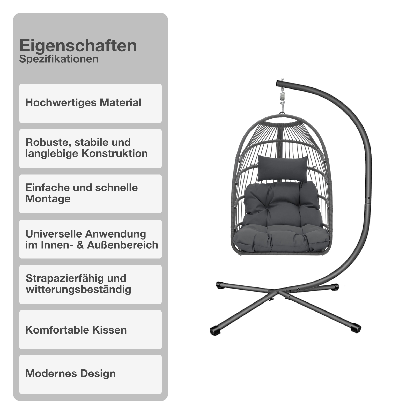 Hängeschaukel | Rattan-Optik | Dunkelgrau | Hängekorb | Hängesessel | Kissen