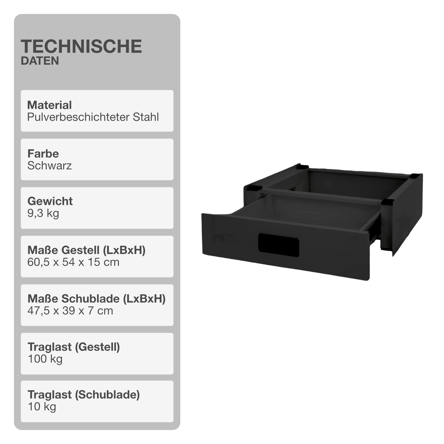 Zwischenbaurahmen | Ausziehbar | Schwarz | Schublade | Waschmaschinenturm