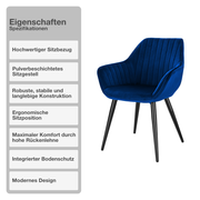 Wohn- und Esszimmerstuhl | 2 Stück | Samtbezug | Dunkelblau | Küchenstuhl