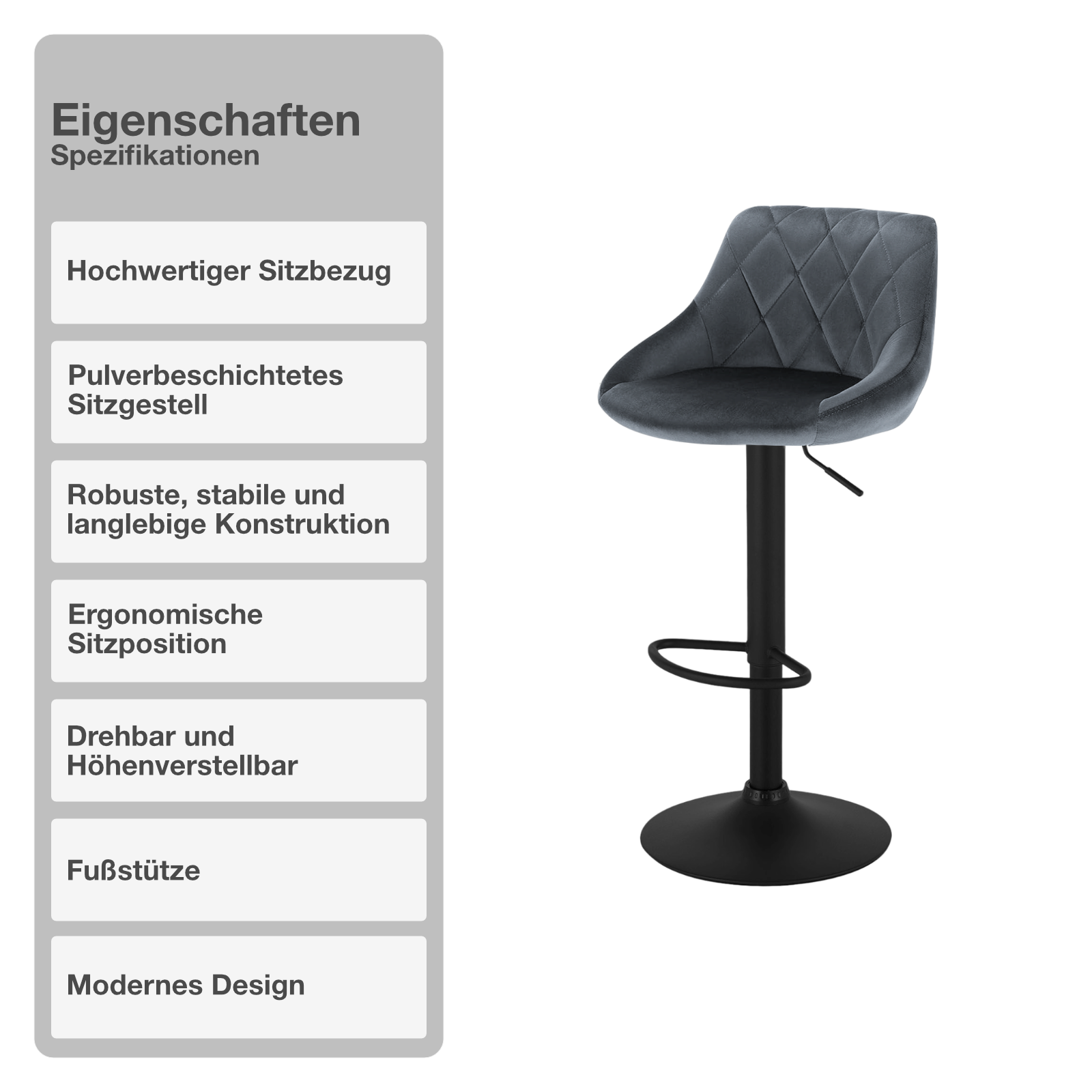 Barhocker | 2 Stück | Anthrazit | Kunstleder | Drehbar | Höhenverstellbar