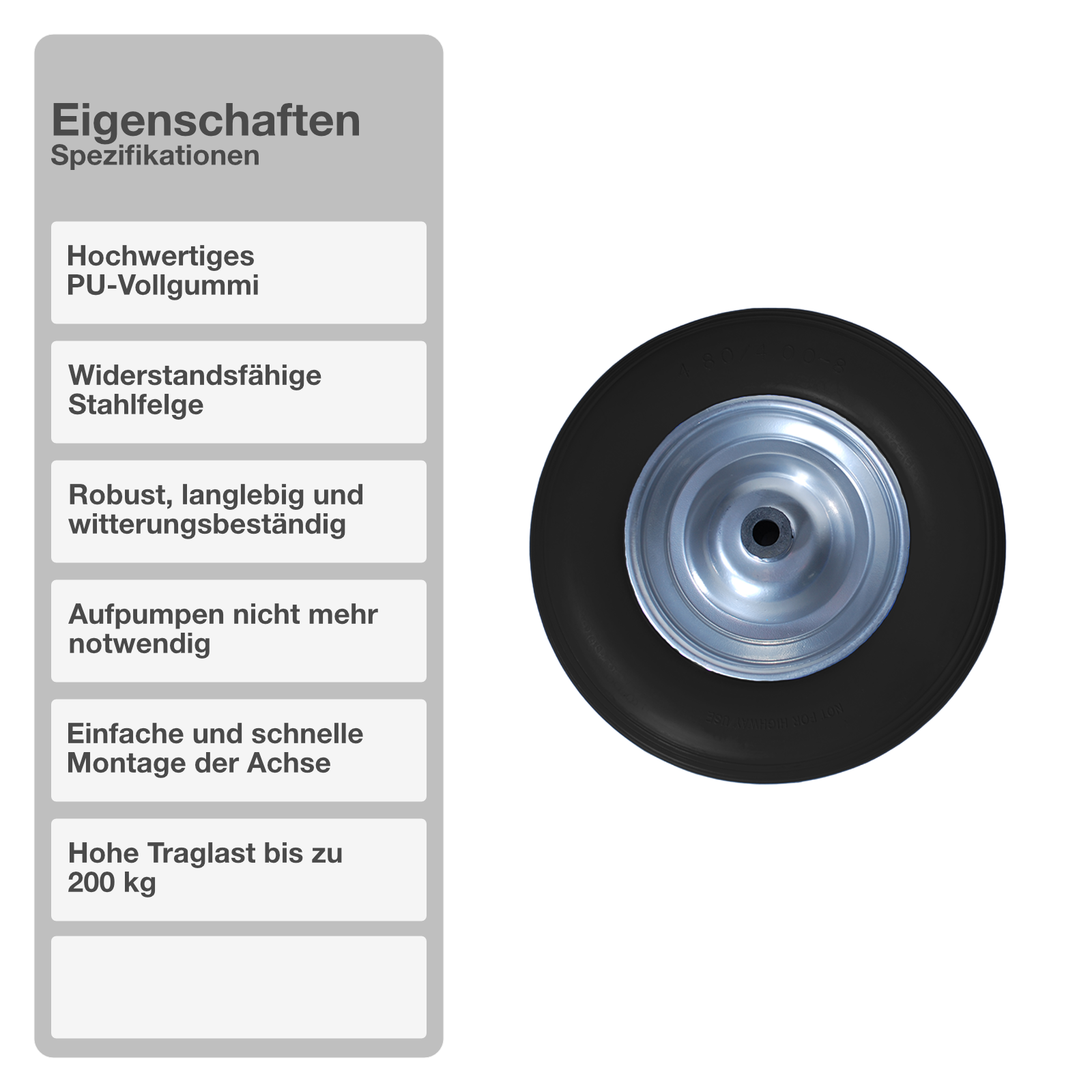 Schubkarrenrad mit Achse | Vollgummi | Schwarz | 4.80/4.00-8 | Ersatzreifen