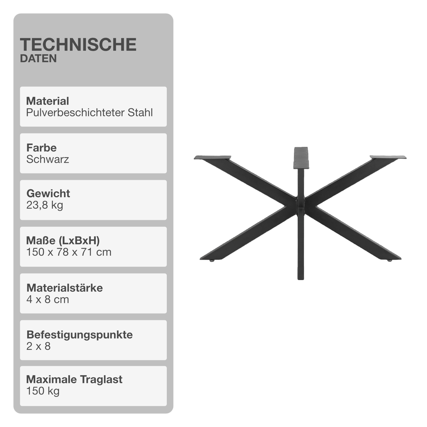 Tischgestell | Schwarz | 150x78x71cm | Spider | Kreuzgestell | Tischkufen