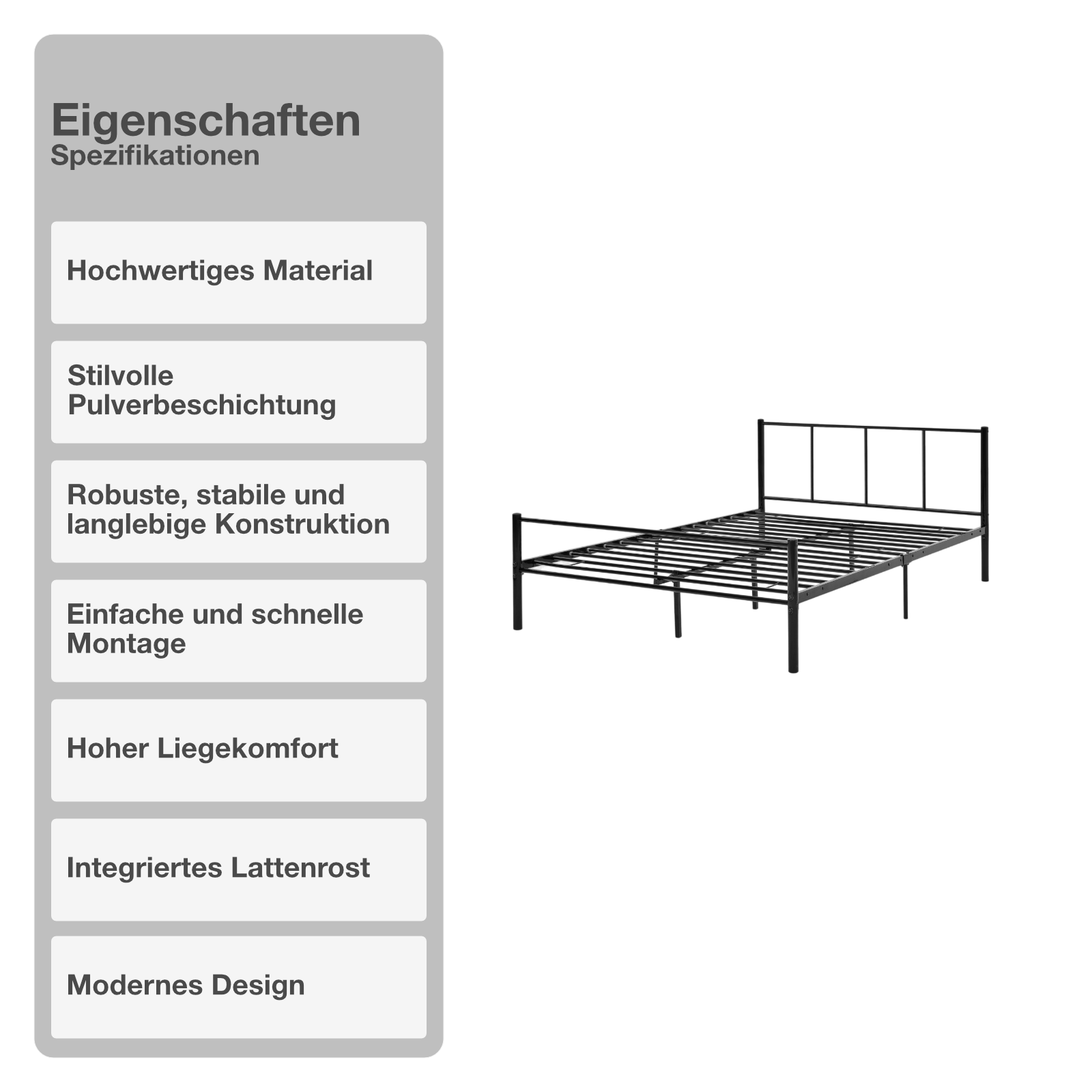 Bettgestell | Lattenrost | Schwarz | 160x200cm | Metallgestell | Bettrahmen