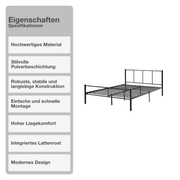 Bettgestell | Lattenrost | Schwarz | 160x200cm | Metallgestell | Bettrahmen