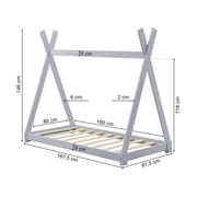 Kinderbett | Holz | Hellgrau | 80x160cm | Tipi | Holzbett | mit Lattenrost