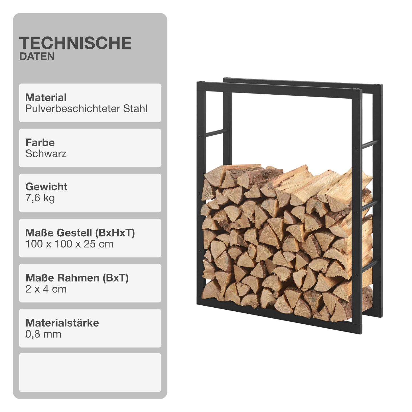 Kaminholzregal | Stahl | Schwarz | 100x100x25cm | Feuerholzregal | Brennholz