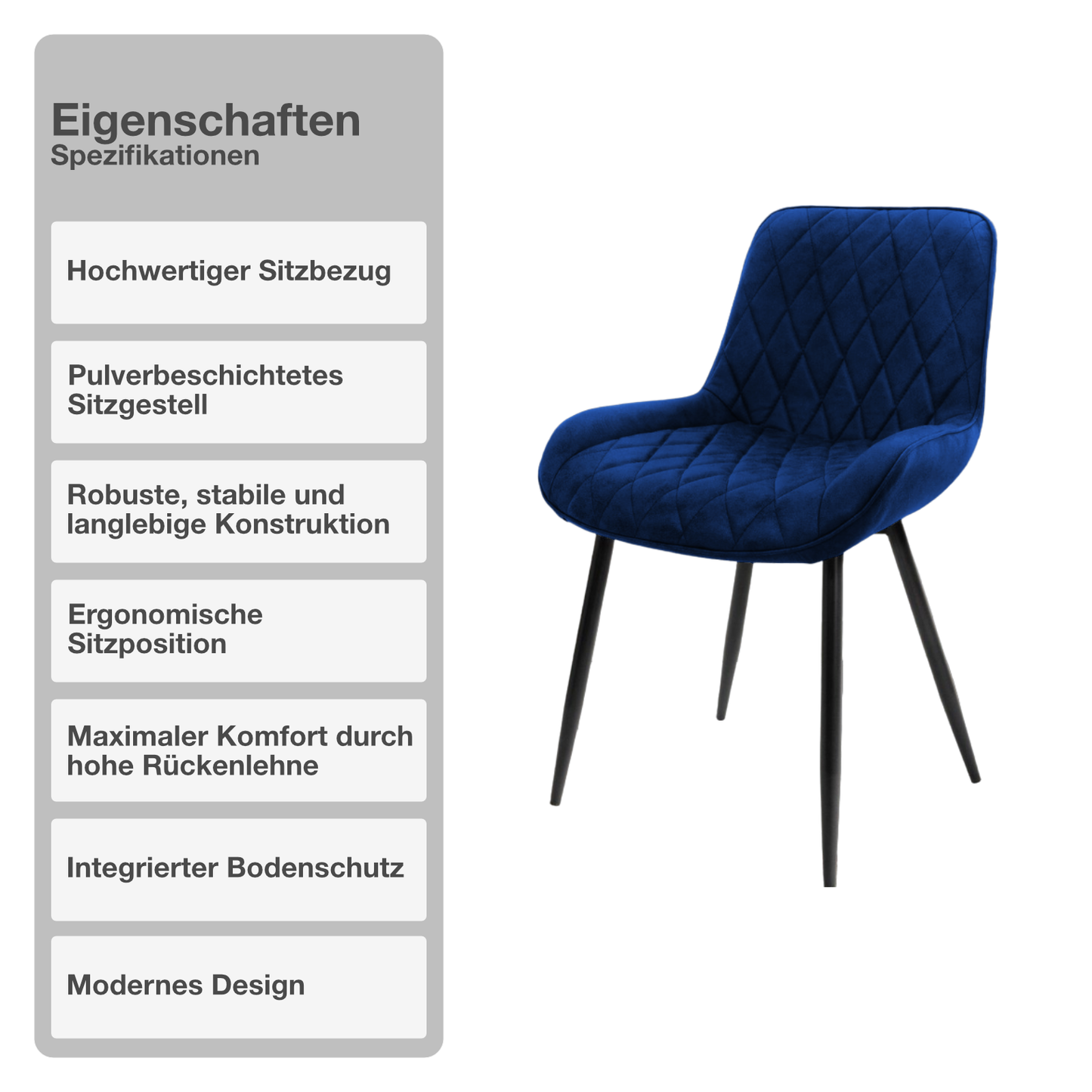 Wohn- und Esszimmerstuhl | 2 Stück | Samtbezug | Dunkelblau | Küchenstuhl