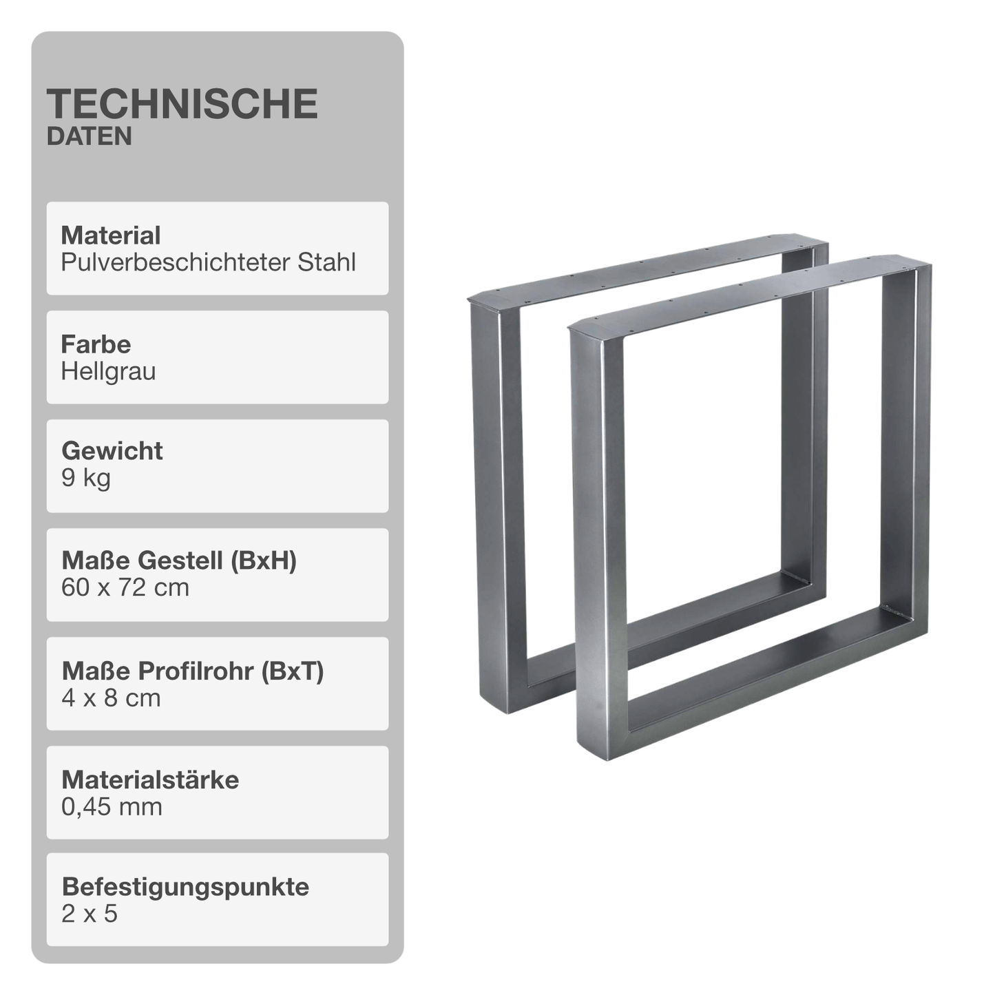 Tischgestell | 2 Stück | Hellgrau | 60x72cm | Tischbeine | Untergestell