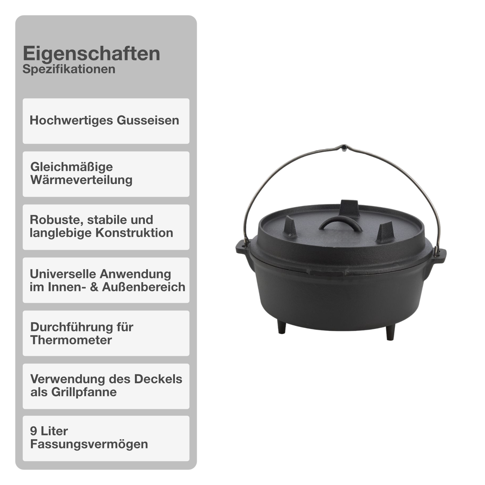 Dutch Oven | Gusseisen | 9L | Feuertopf | Kochtopf | Schmortopf | Deckel