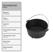 Dutch Oven | Gusseisen | 9L | Feuertopf | Kochtopf | Schmortopf | Deckel