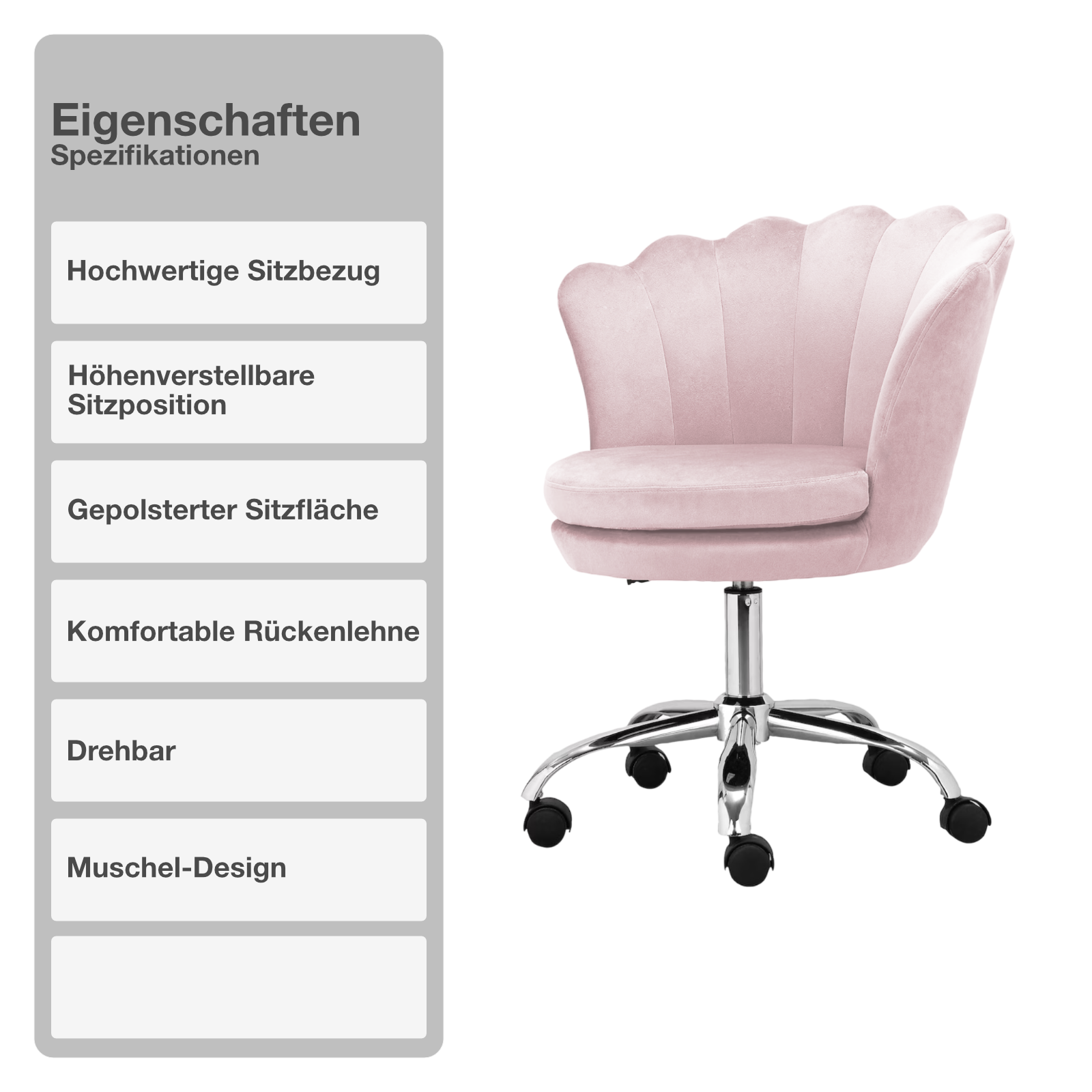 Bürostuhl | Samtbezug | Hellrosa | 55x60cm | Rollen | Armlehnstuhl | Muschel