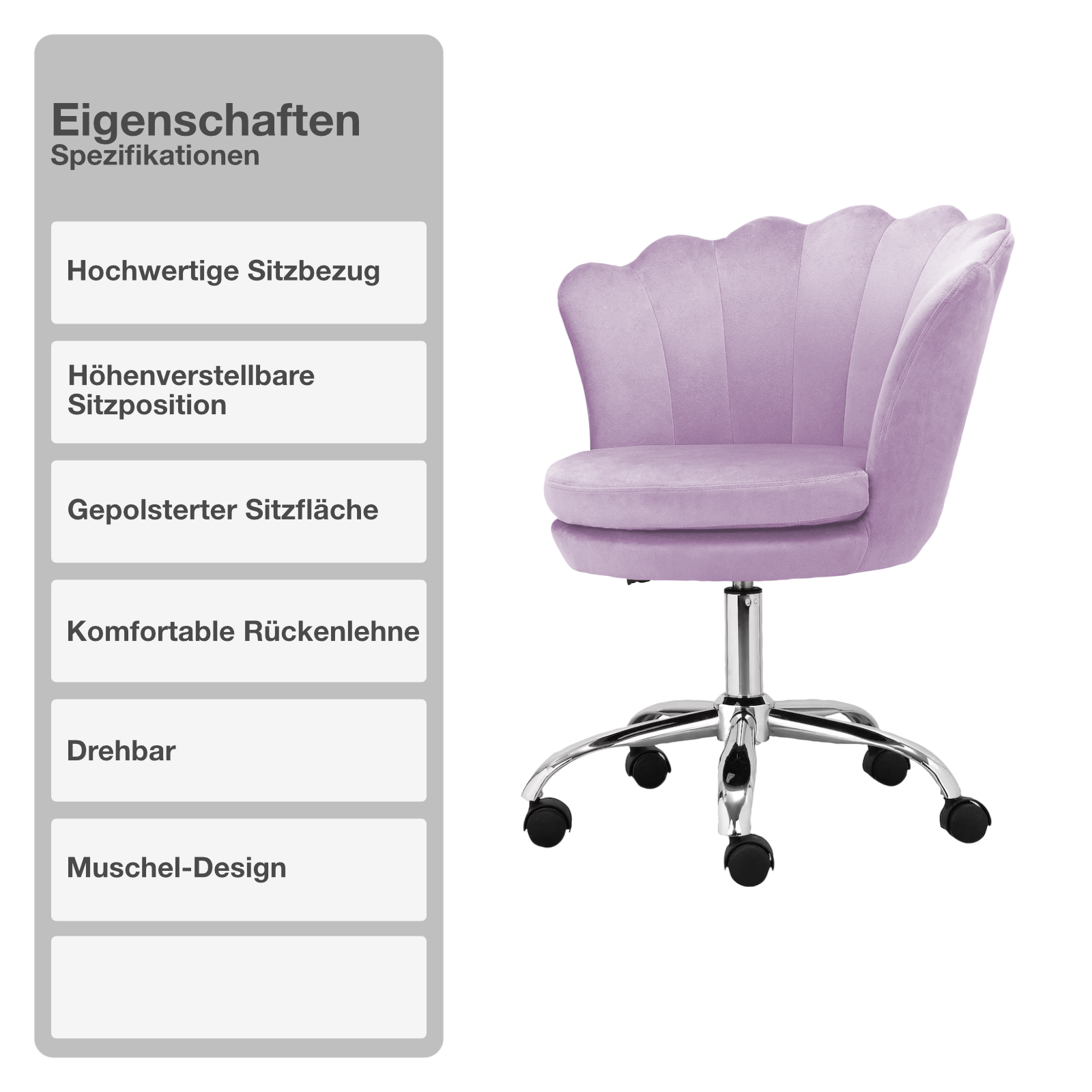 Bürostuhl | Samtbezug | Lila | 55x60cm | Rollen | Armlehnstuhl | Muschel