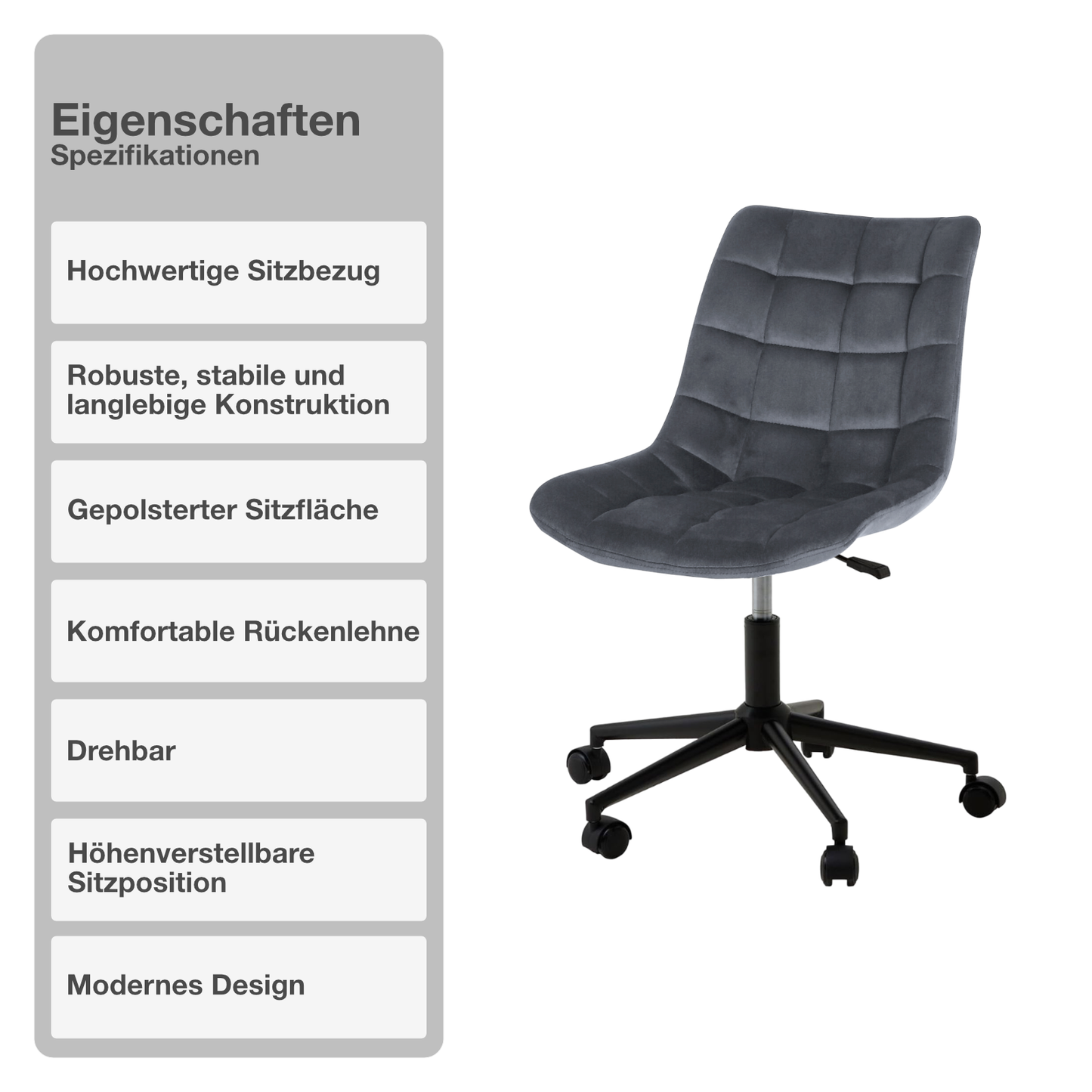 Bürostuhl | Samtbezug | Dunkelgrau | 53x60cm | Rollen | Schreibtischstuhl