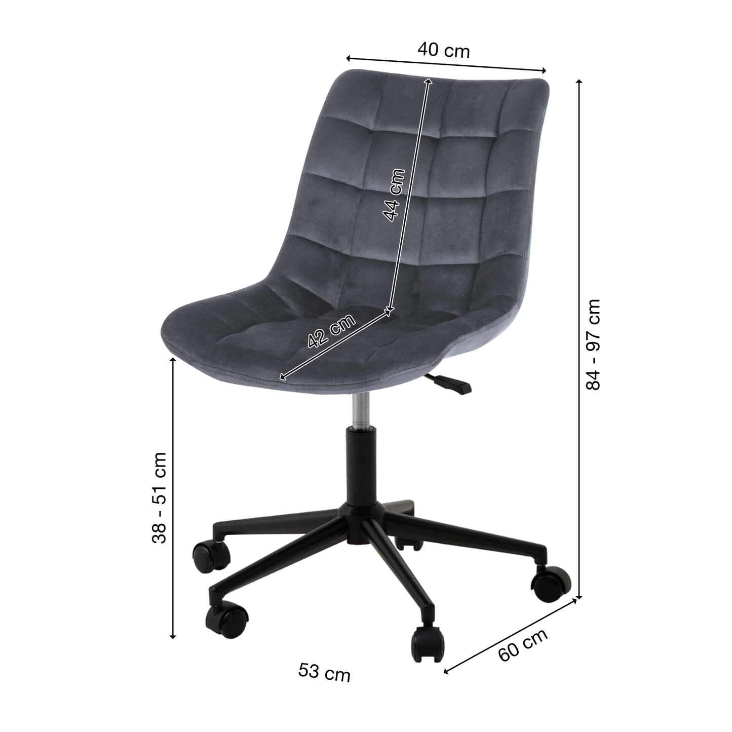 Bürostuhl | Samtbezug | Dunkelgrau | 53x60cm | Rollen | Schreibtischstuhl