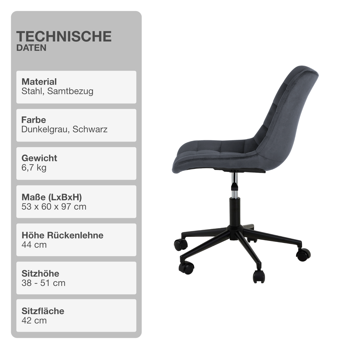 Bürostuhl | Samtbezug | Dunkelgrau | 53x60cm | Rollen | Schreibtischstuhl