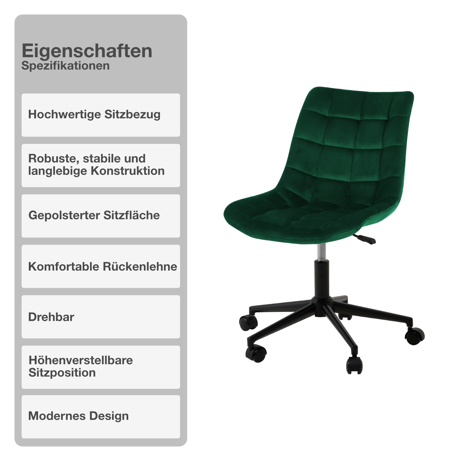 Bürostuhl | Samtbezug | Dunkelgrün | 53x60cm | Rollen | Schreibtischstuhl