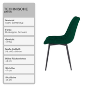 Wohn- und Esszimmerstuhl | 2 Stück | Samtbezug | Dunkelgrün | Küchenstuhl