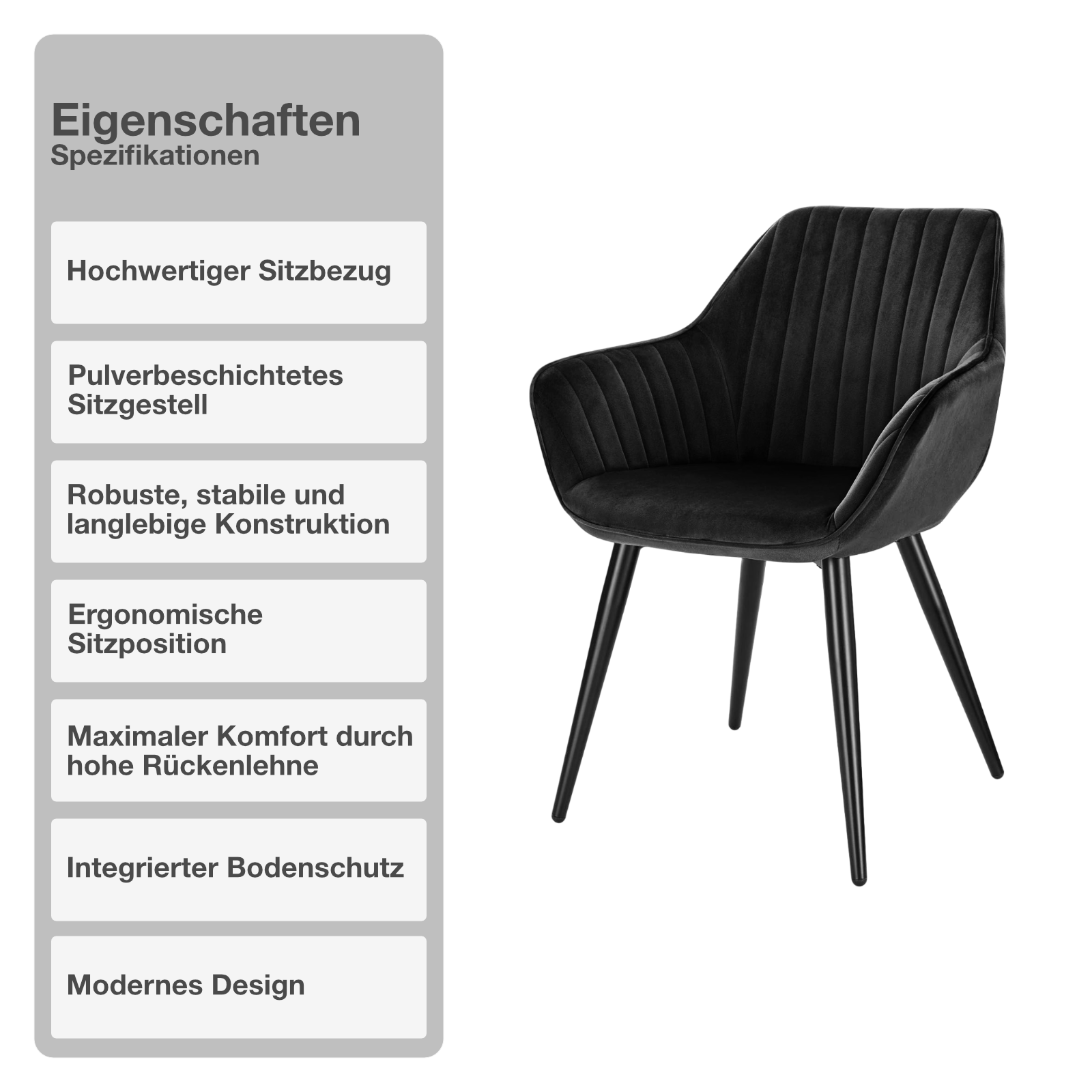 Wohn- und Esszimmerstuhl | 2 Stück | Samtbezug | Schwarz | Küchenstuhl