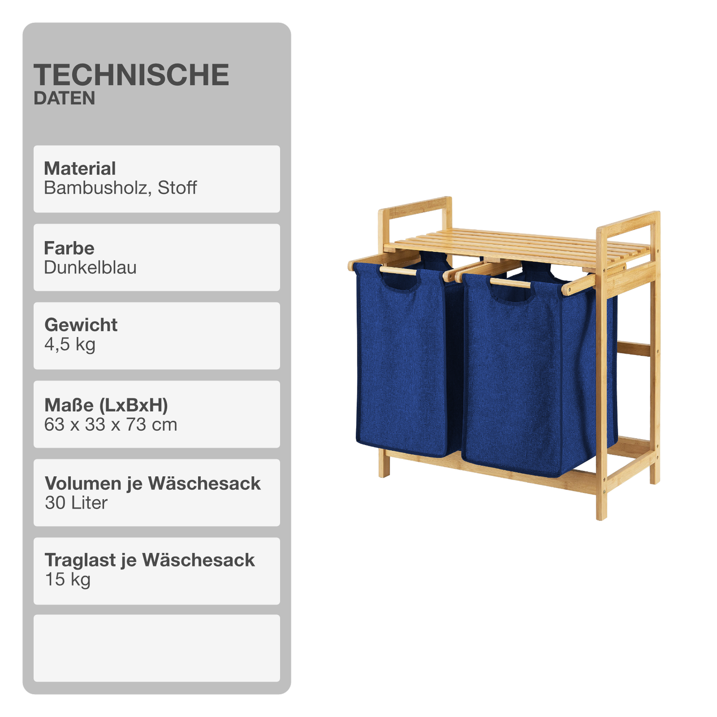 Wäschekorb | Bambus | Dunkelblau | 2x30L | Wäschesammler | Wäschesortierer