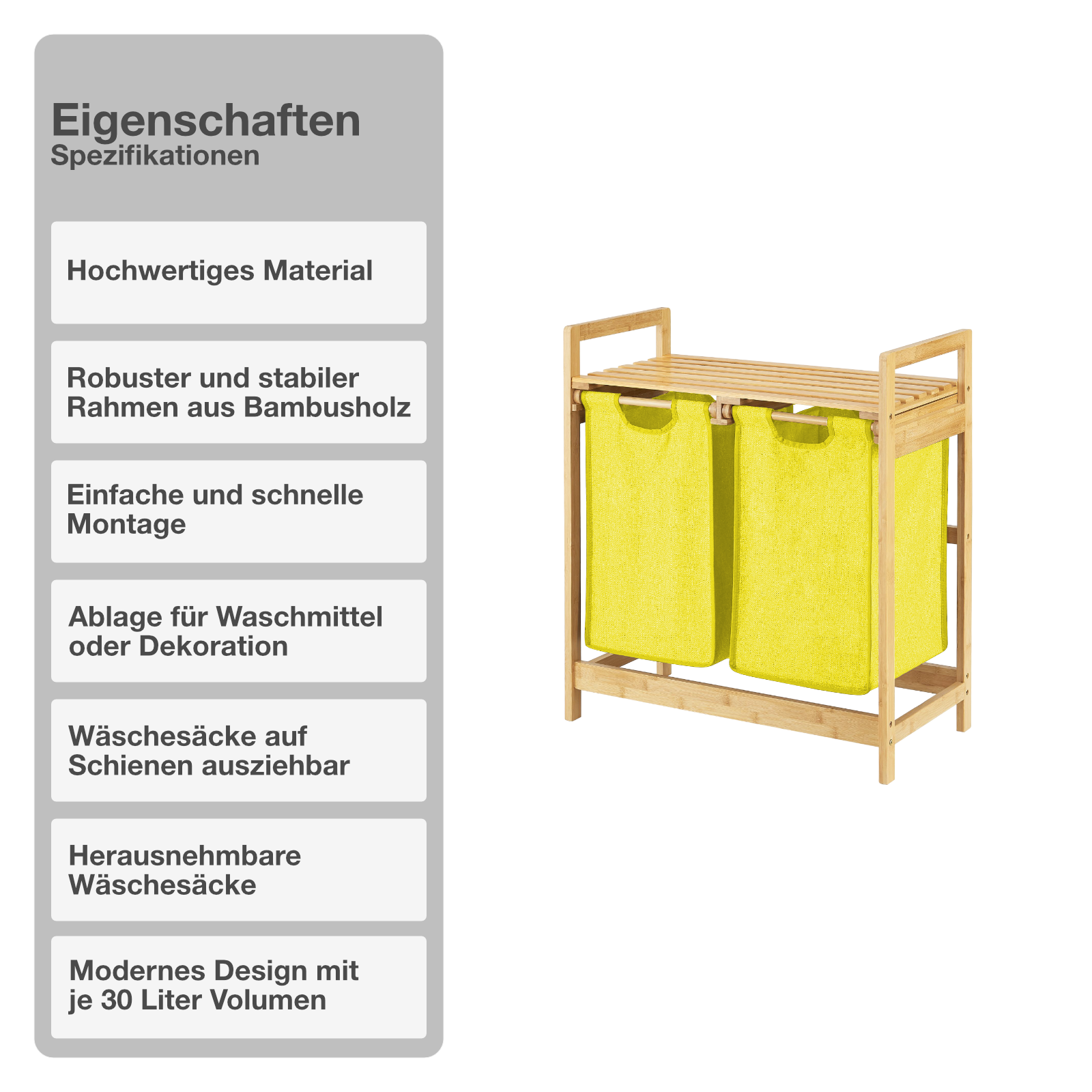 Wäschekorb | Bambus | Gelb | 2x30L | Wäschesammler | Wäschesortierer