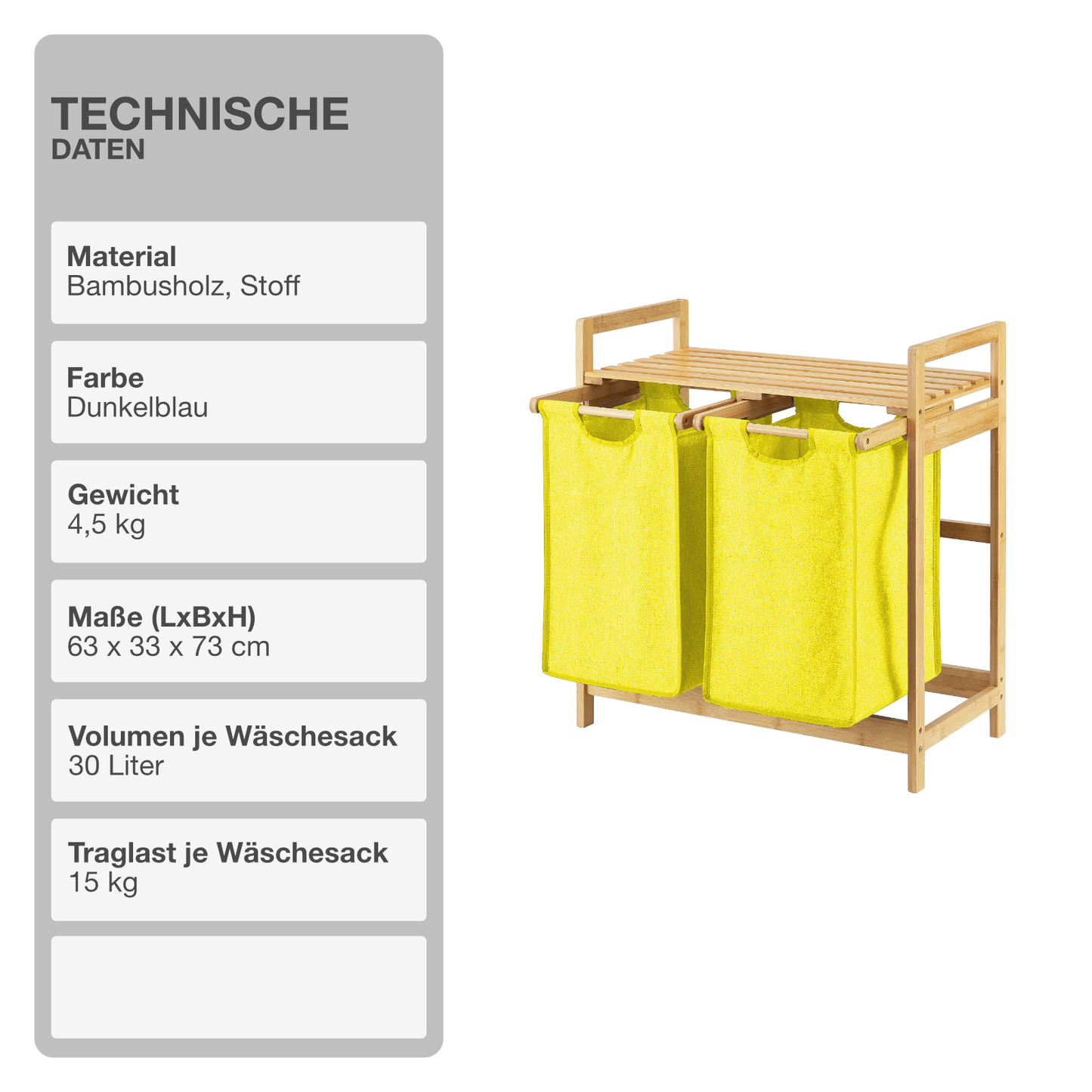 Wäschekorb | Bambus | Gelb | 2x30L | Wäschesammler | Wäschesortierer