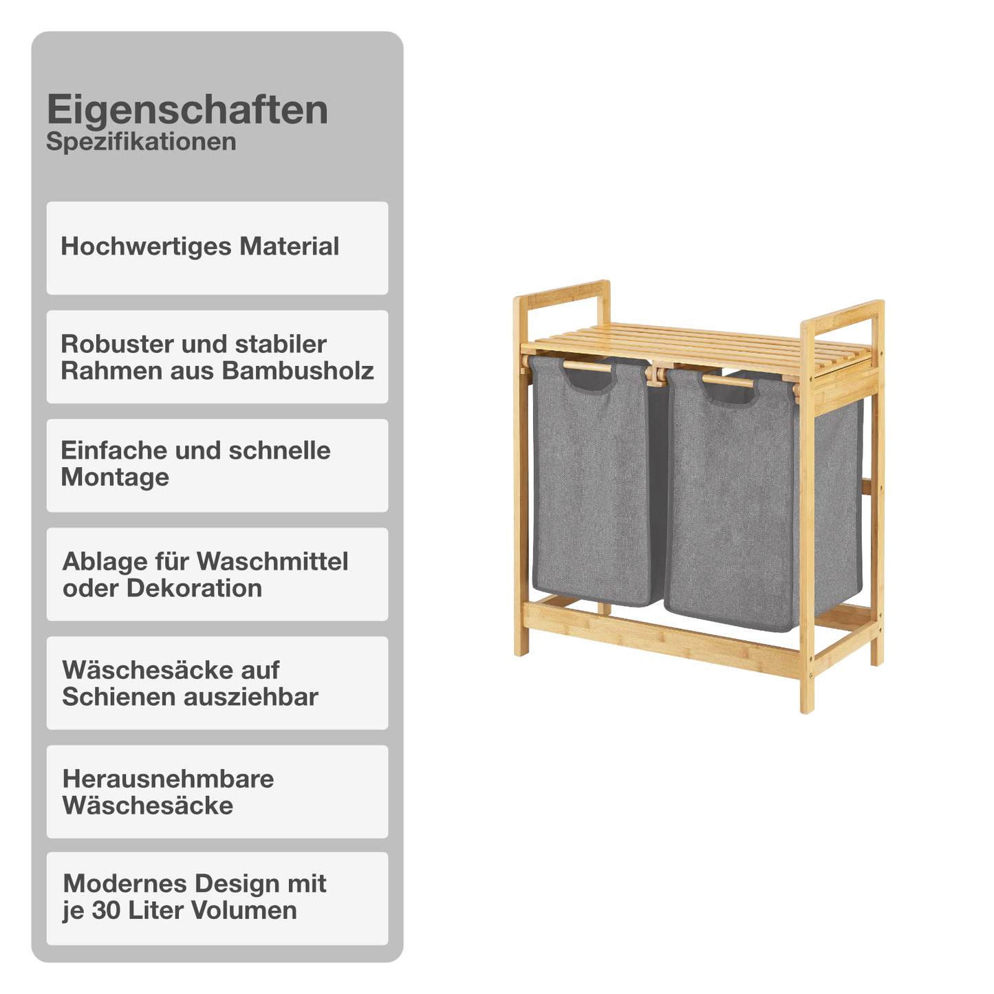 Wäschekorb | Bambus | Grau | 2x30L | Wäschesammler | Wäschesortierer