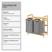 Wäschekorb | Bambus | Grau | 2x30L | Wäschesammler | Wäschesortierer