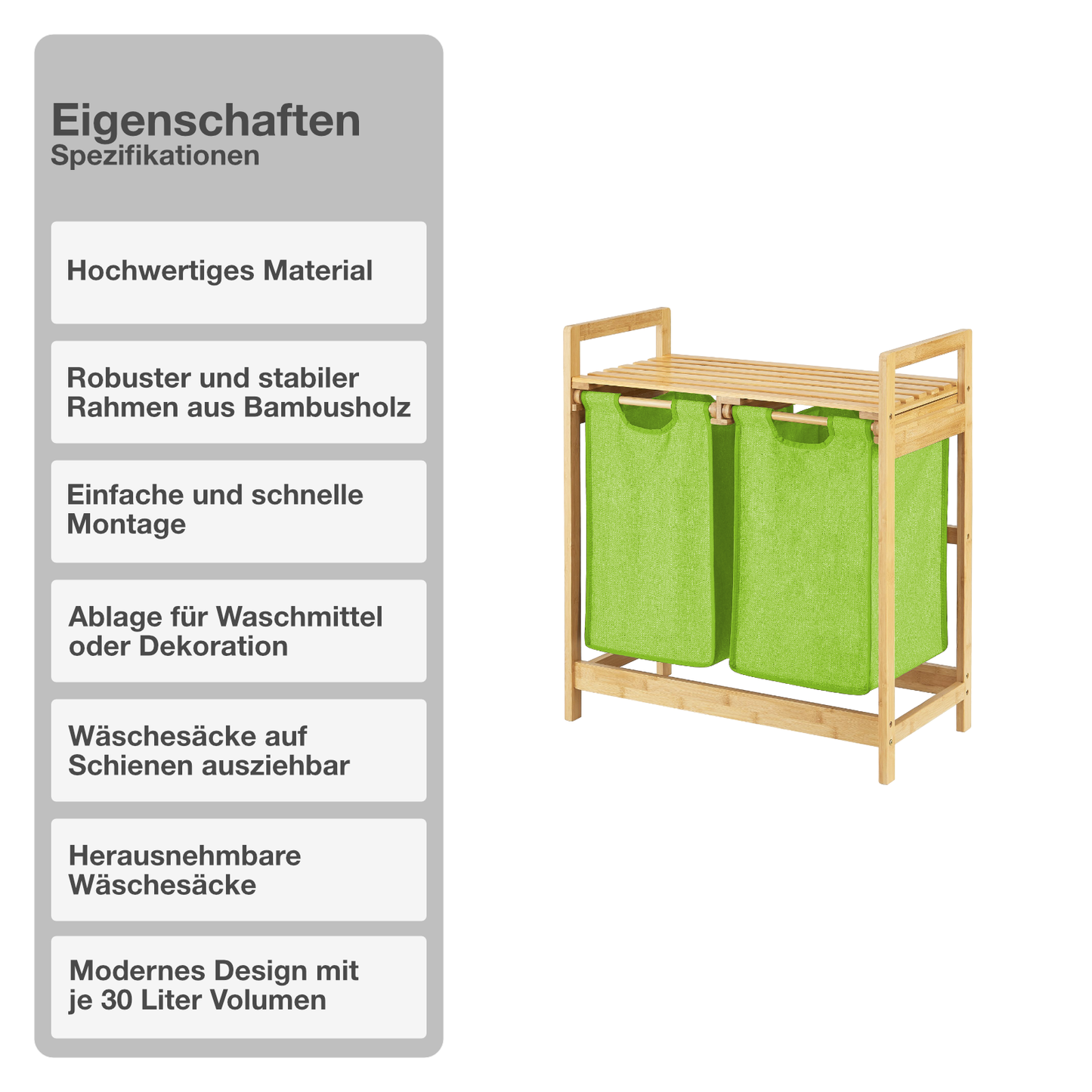 Wäschekorb | Bambus | Grün | 2x30L | Wäschesammler | Wäschesortierer