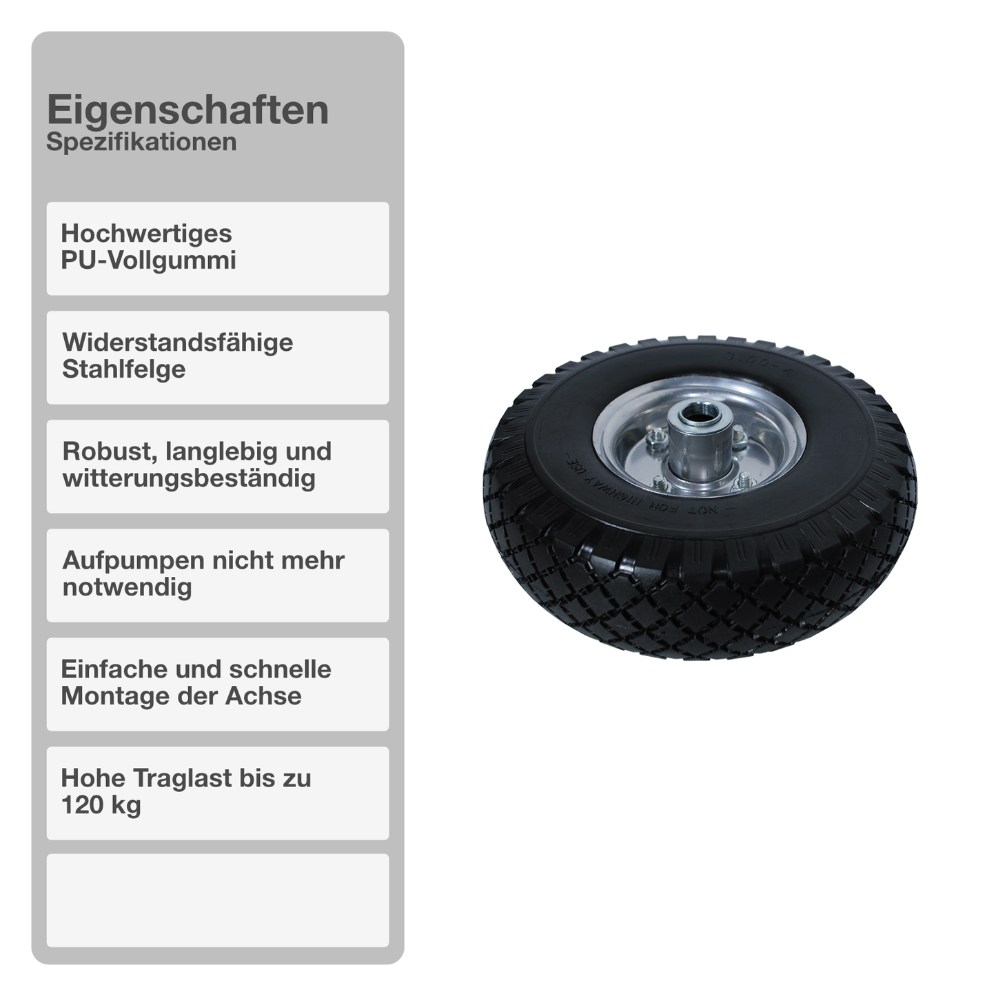 Schubkarrenrad mit Kugellager | Vollgummi | Schwarz | 3.00-4 | Reifen