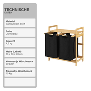 Wäschekorb | Bambus | Schwarz | 2x30L | Wäschesammler | Wäschesortierer