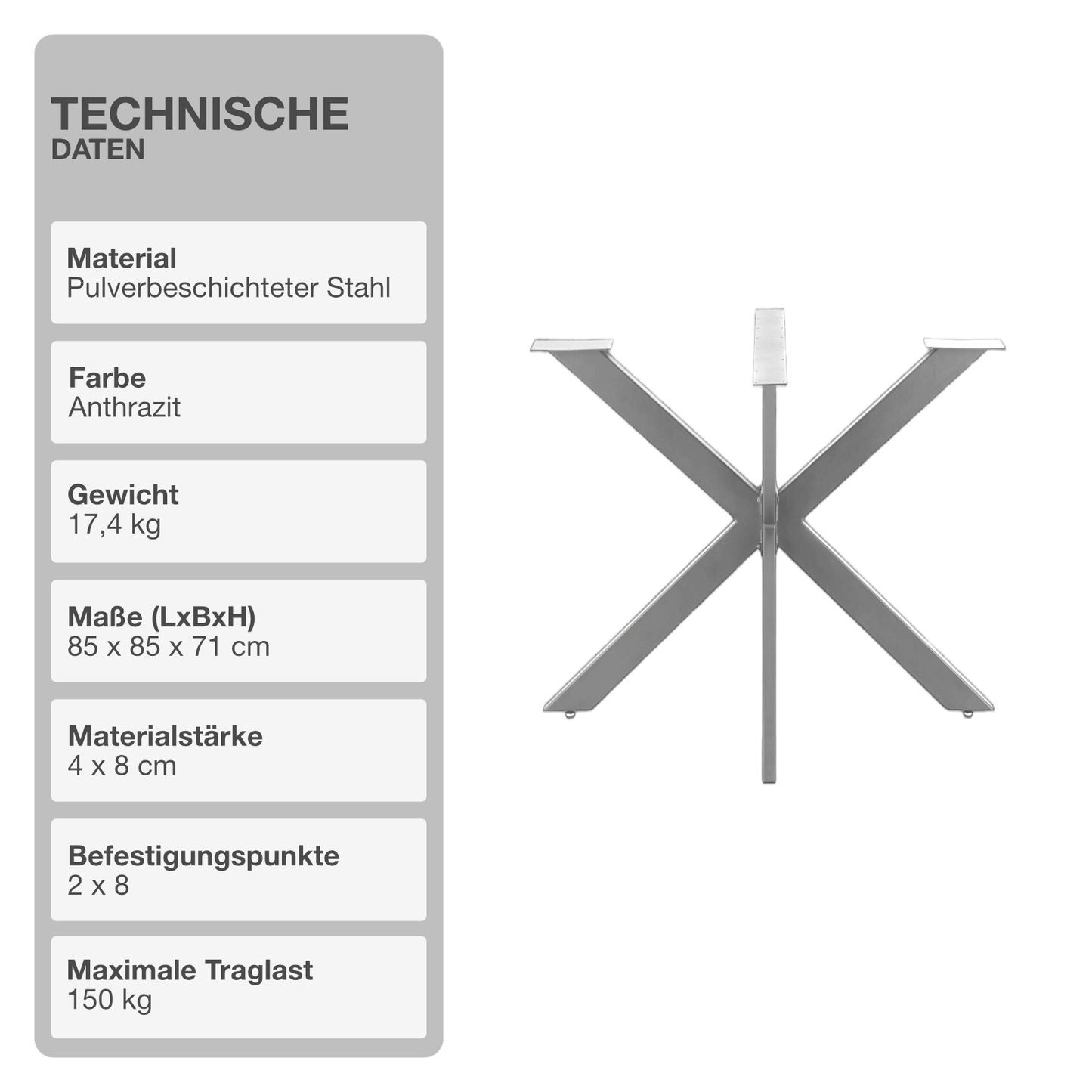 Tischgestell | Anthrazit | 85x85x71cm | Spider | Kreuzgestell | Tischkufen