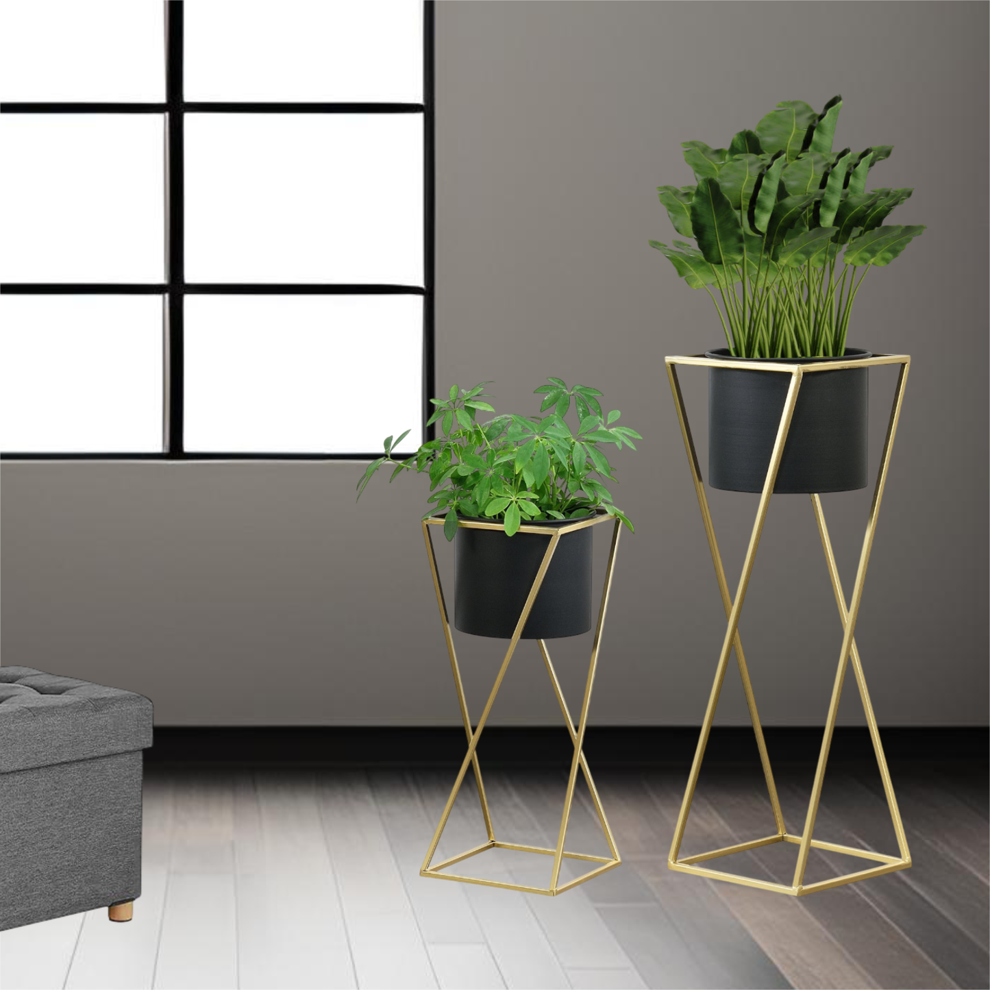 Blumenständer mit Übertopf | Stahl | Schwarz-Gold | Set mit 2 Höhen