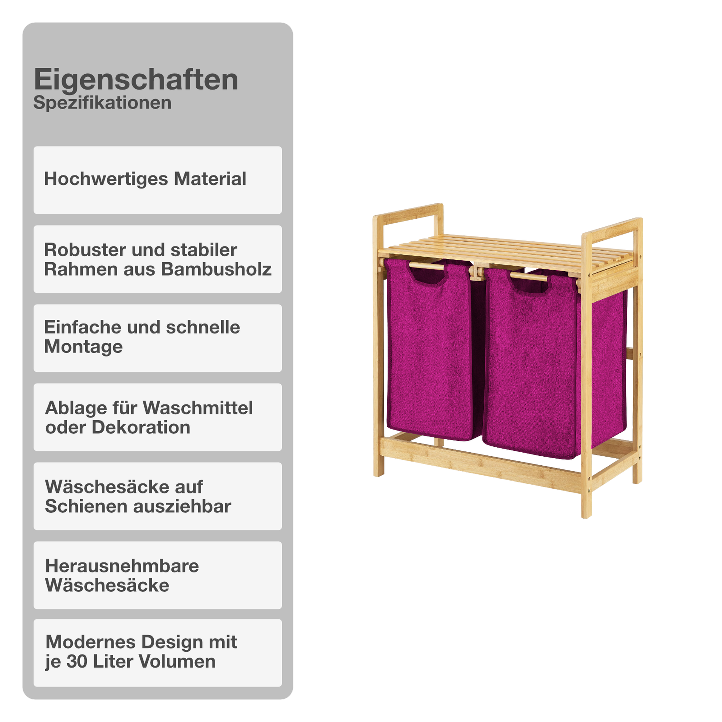 Wäschekorb | Bambus | Violett | 2x30L | Wäschesammler | Wäschesortierer