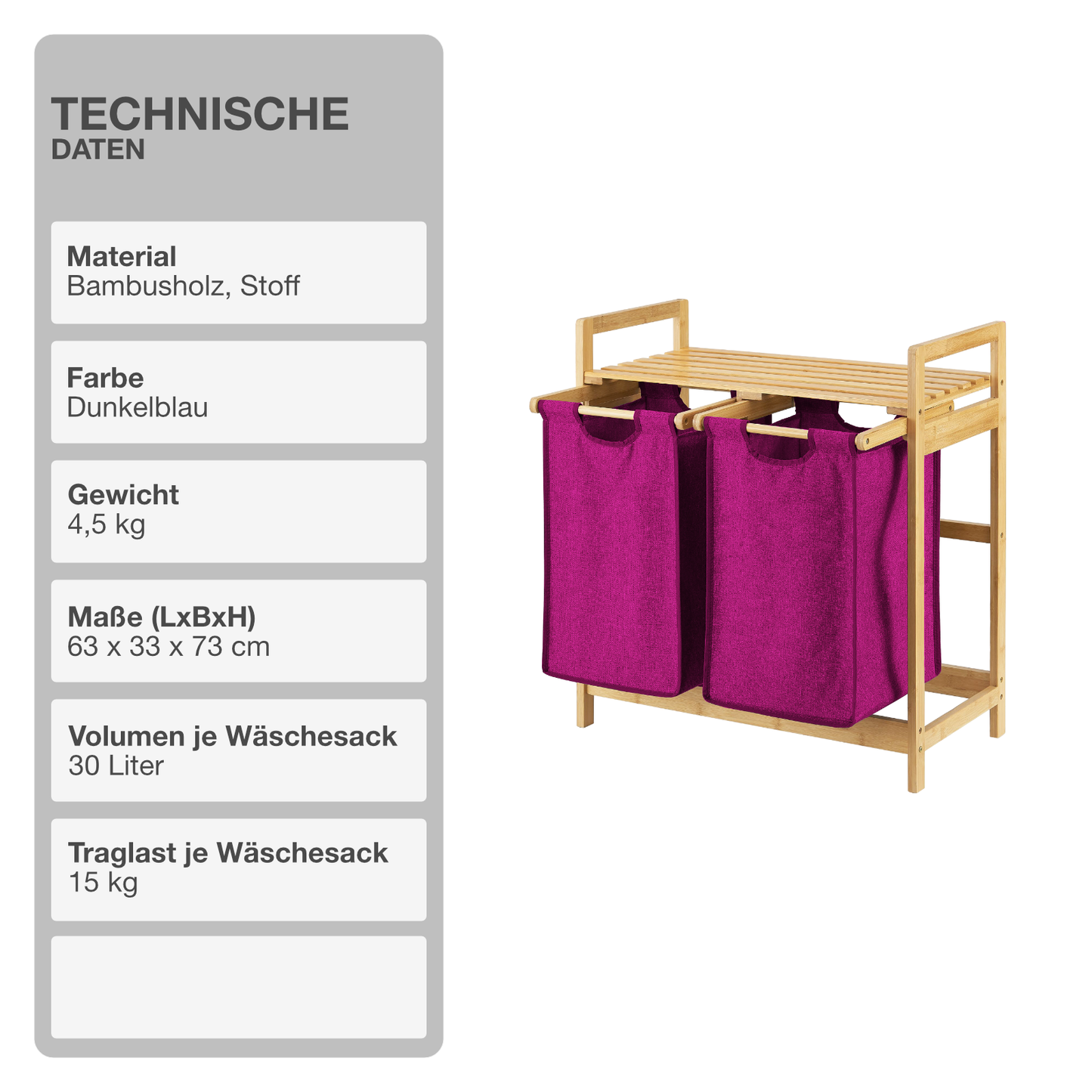 Wäschekorb | Bambus | Violett | 2x30L | Wäschesammler | Wäschesortierer